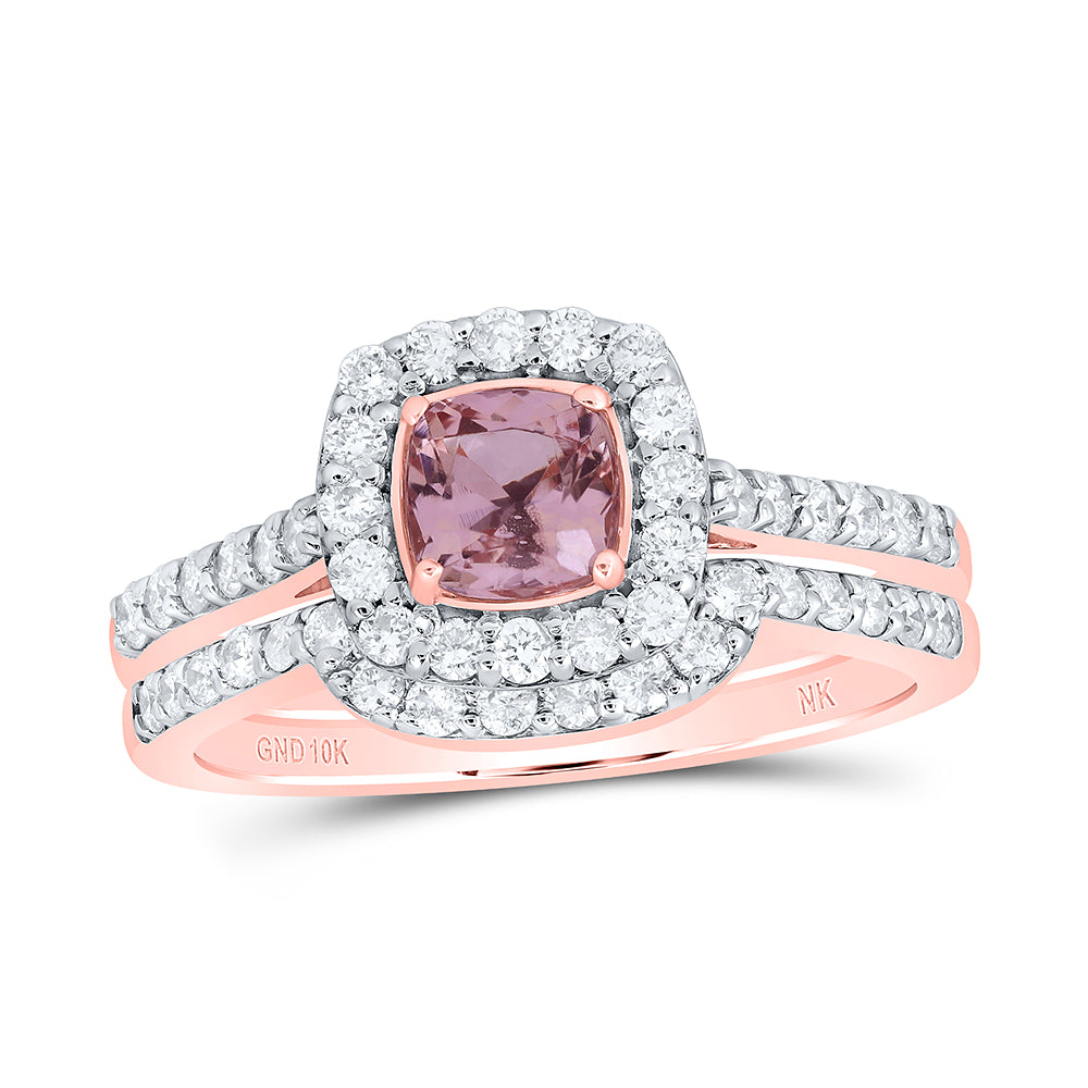 10kt Rose Gold His & Hers 1 1/5 Cttw Diamond 5.5 Mm Natural Gem Cushion - Morganite Bridal Wedding Ring Band Set, Women Size: 5-9, Men Size: 8-12