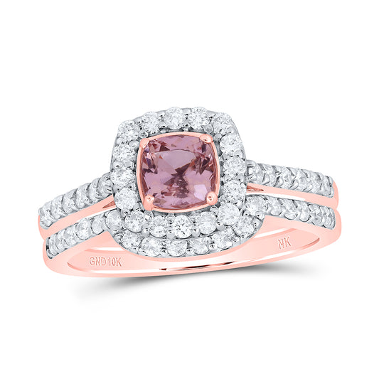 10kt Rose Gold His & Hers 1 1/5 Cttw Diamond 5.5 Mm Natural Gem Cushion - Morganite Bridal Wedding Ring Band Set, Women Size: 5-9, Men Size: 8-12