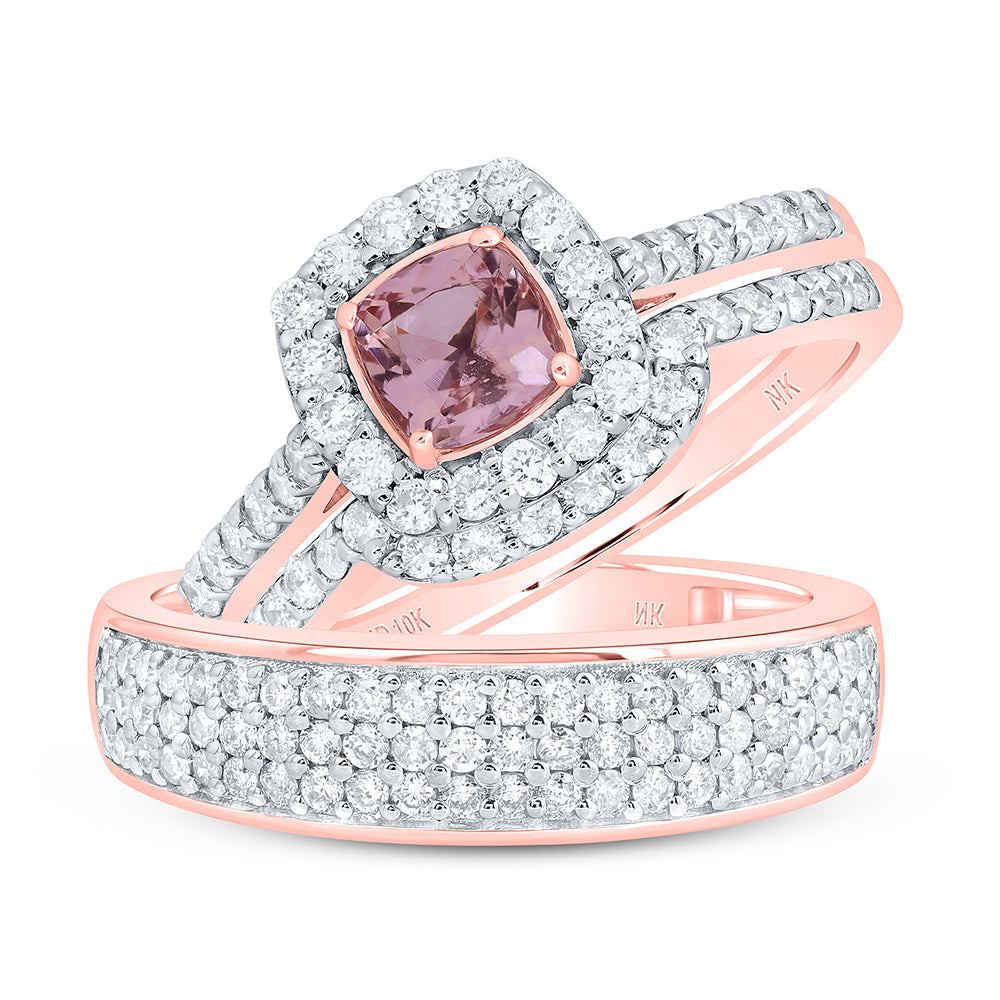 10kt Rose Gold His & Hers 1 1/5 Cttw Diamond 5.5 Mm Natural Gem Cushion - Morganite Bridal Wedding Ring Band Set, Women Size: 5-9, Men Size: 8-12