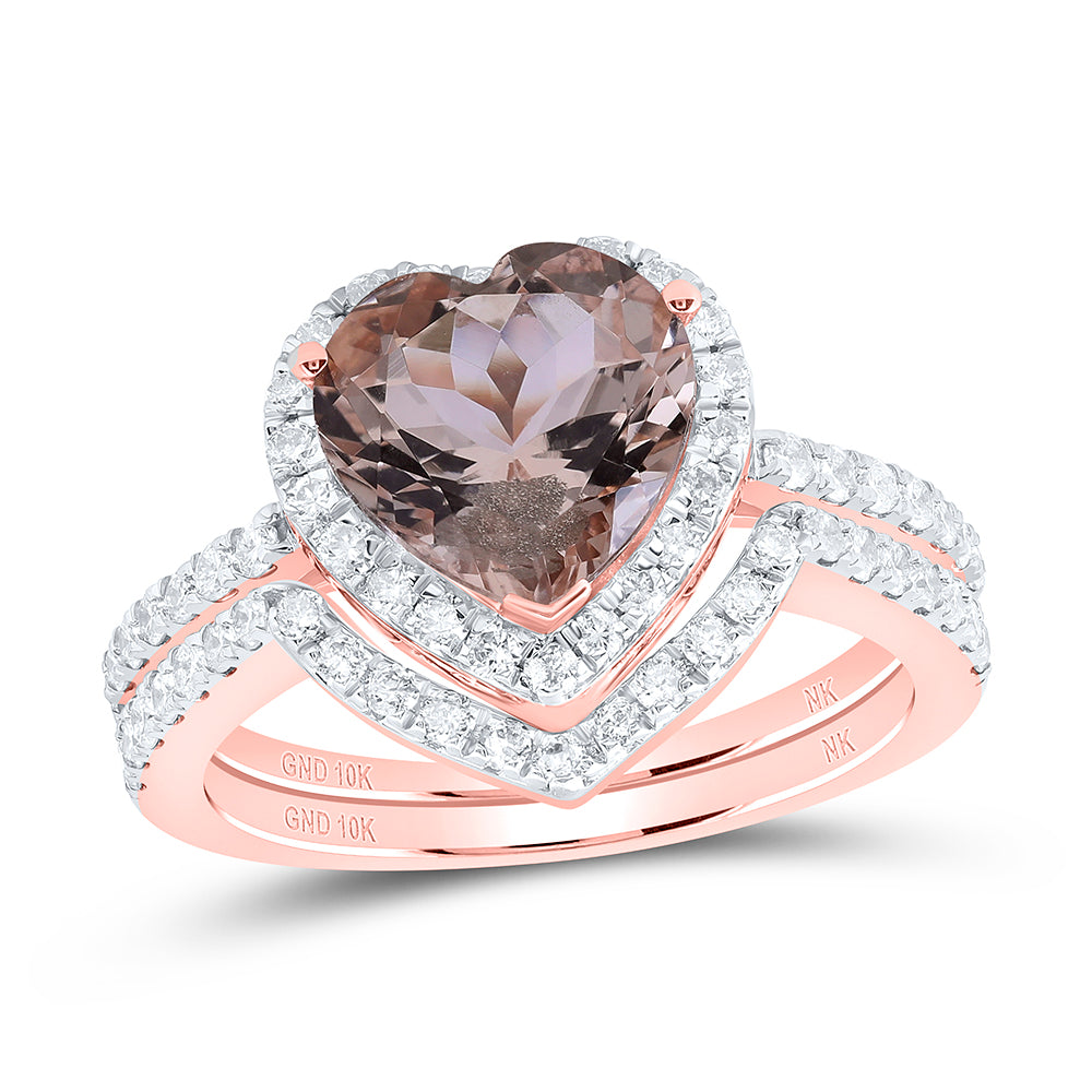 10kt Rose Gold His & Hers 1 1/2 Cttw Diamond 9x9 Mm Natural Gem Heart- Morganite Bridal Wedding Ring Band Set, Women Size: 5-9, Men Size: 8-12
