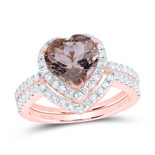10kt Rose Gold His & Hers 1 1/2 Cttw Diamond 9x9 Mm Natural Gem Heart- Morganite Bridal Wedding Ring Band Set, Women Size: 5-9, Men Size: 8-12