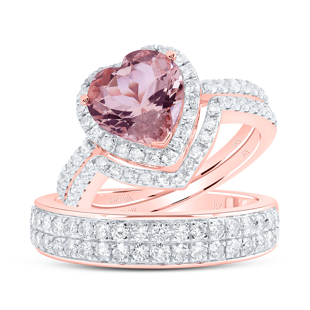 10kt Rose Gold His & Hers 1 1/2 Cttw Diamond 9x9 Mm Natural Gem Heart- Morganite Bridal Wedding Ring Band Set, Women Size: 5-9, Men Size: 8-12