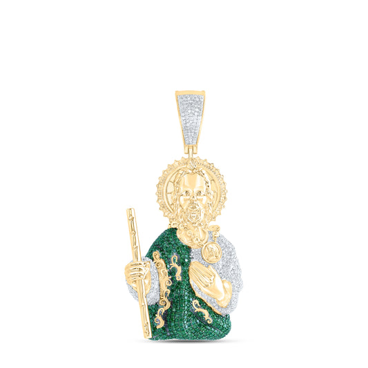10kt Yellow Gold 2 3/4 Cttw Diamond 3 1/2 Cttw Emerald St Jude Men's Charm