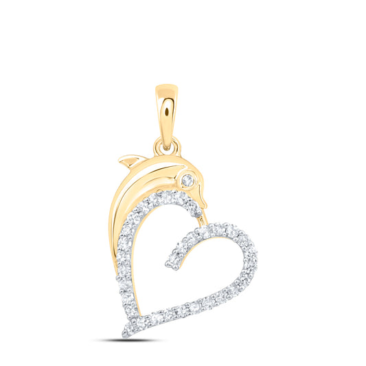 10kt Yellow Gold 1/5 Cttw Natural Diamond Heart Dolphin Pendant