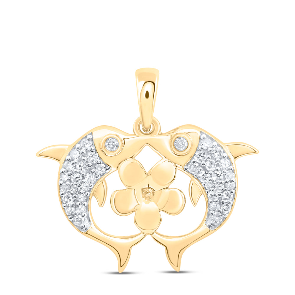 10kt Yellow Gold 1/6 Cttw Natural Diamond Flower Dolphin Pendant