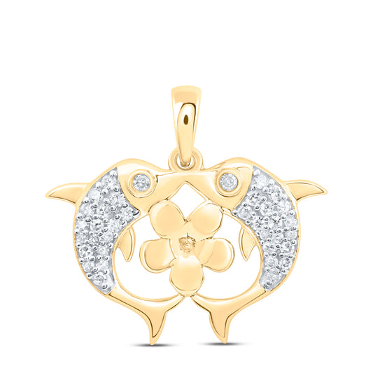 10kt Yellow Gold 1/6 Cttw Natural Diamond Flower Dolphin Pendant