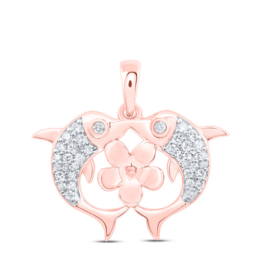 10kt Rose Gold 1/6 Cttw Natural Diamond Flower Dolphin Pendant