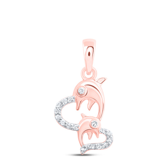 10kt Rose Gold 1/10 Cttw Natural Diamond Dolphin Heart Pendant