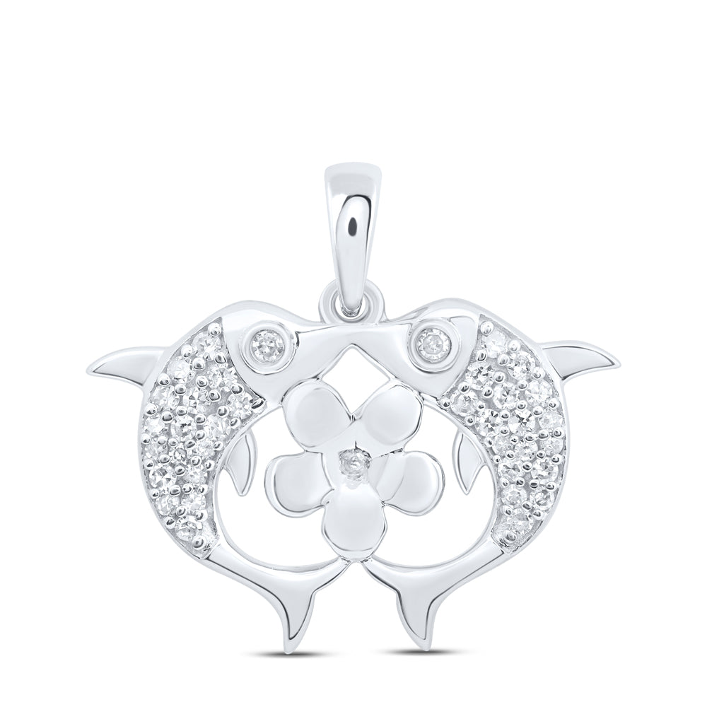 10kt White Gold 1/6 Cttw Natural Diamond Flower Dolphin Pendant