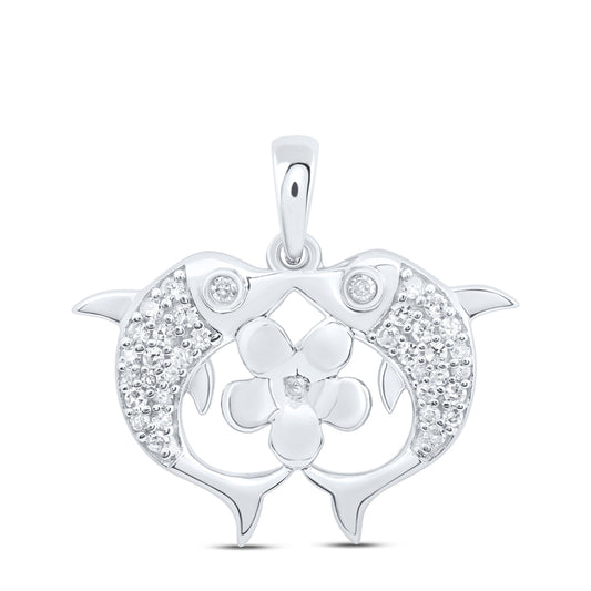 10kt White Gold 1/6 Cttw Natural Diamond Flower Dolphin Pendant