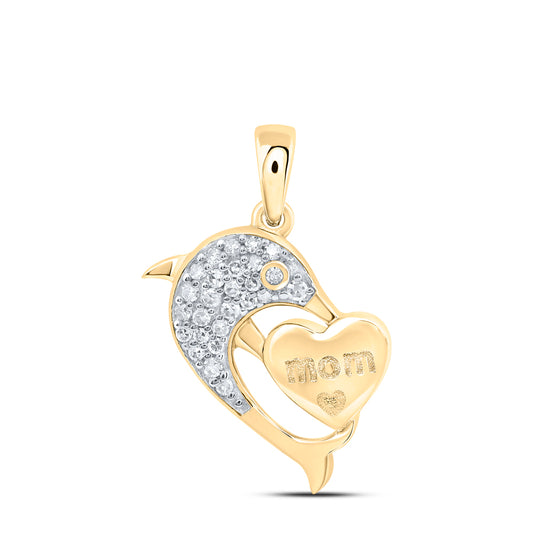 10kt Yellow Gold 1/8 Cttw Natural Diamond Mom Heart Dolphin Pendant