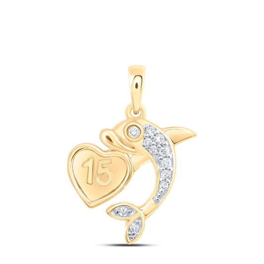10kt Yellow Gold 1/20 Cttw Natural Diamond Heart Dolphin Pendant