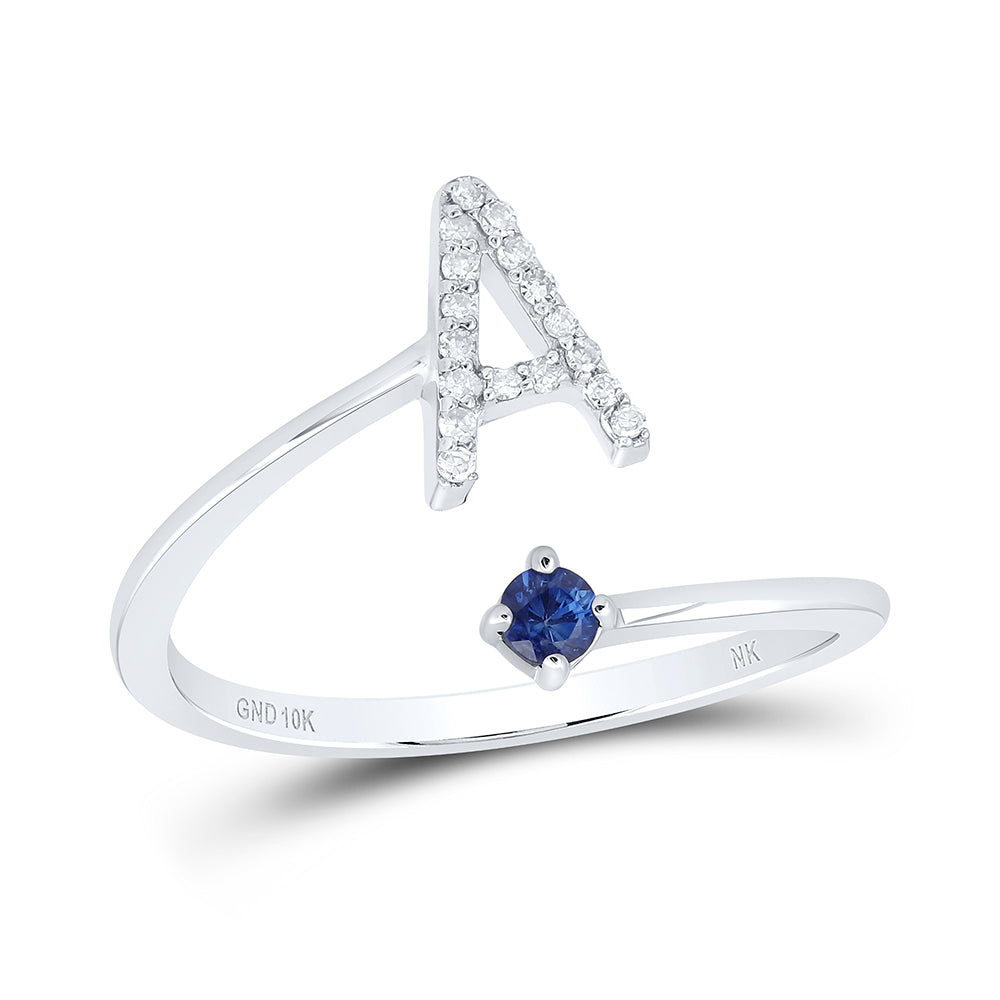 10kt White Gold Natural Diamond 2.5mm Round Blue Sapphire Nat Gem Initial Ladies Wedding Engagement Anniversary Ring