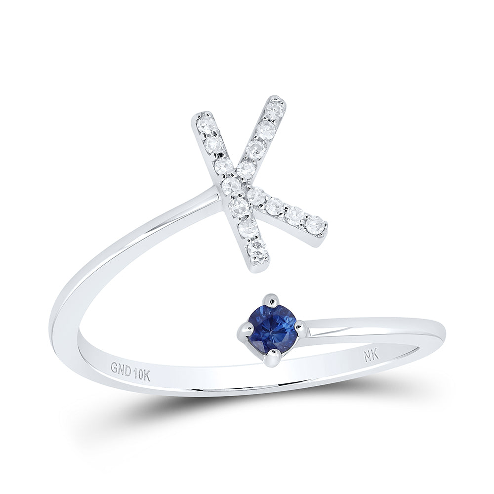 10kt White Gold Natural Diamond 2.5mm Round Blue Sapphire Nat Gem Initial Ladies Wedding Engagement Anniversary Ring