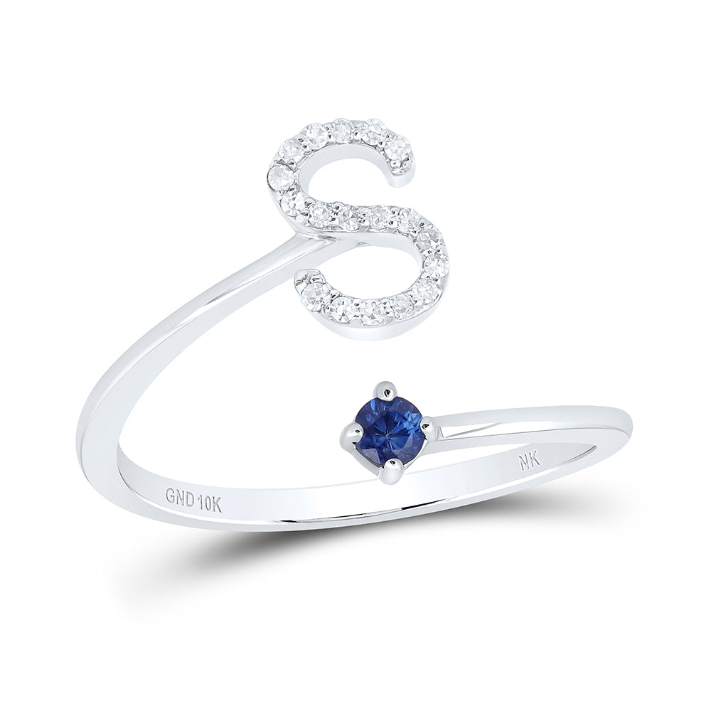 10kt White Gold Natural Diamond 2.5mm Round Blue Sapphire Nat Gem Initial Ladies Wedding Engagement Anniversary Ring