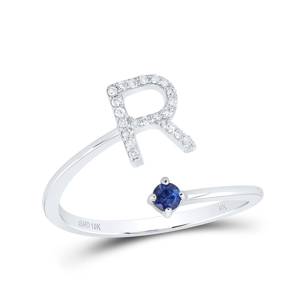 10kt White Gold Natural Diamond 2.5mm Round Blue Sapphire Nat Gem Initial Ladies Wedding Engagement Anniversary Ring