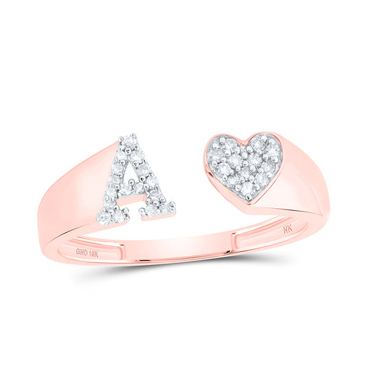 10kt Rose Gold 1/10 Cttw Diamond Initial " A" Wedding Engagement Anniversary Ladies Heart Ring, Women Size: 5-9