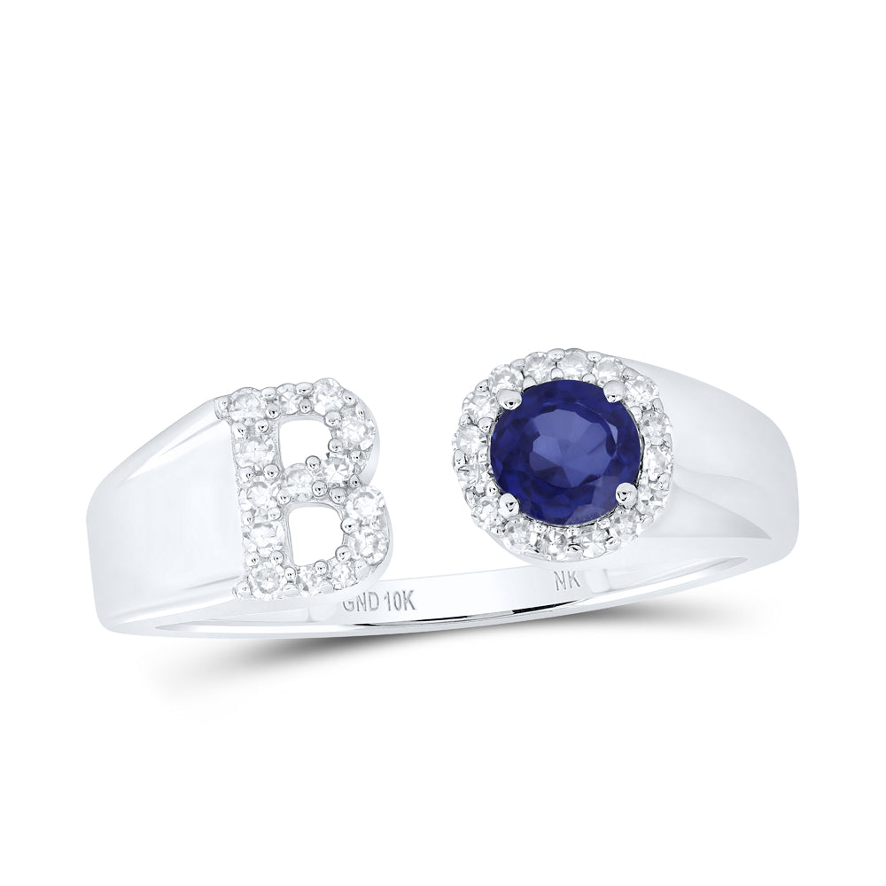 10kt White Gold Natural Diamond 4 Mm Round Blue Sapphire Synthetic Initial Ladies Wedding Engagement Anniversary Ring