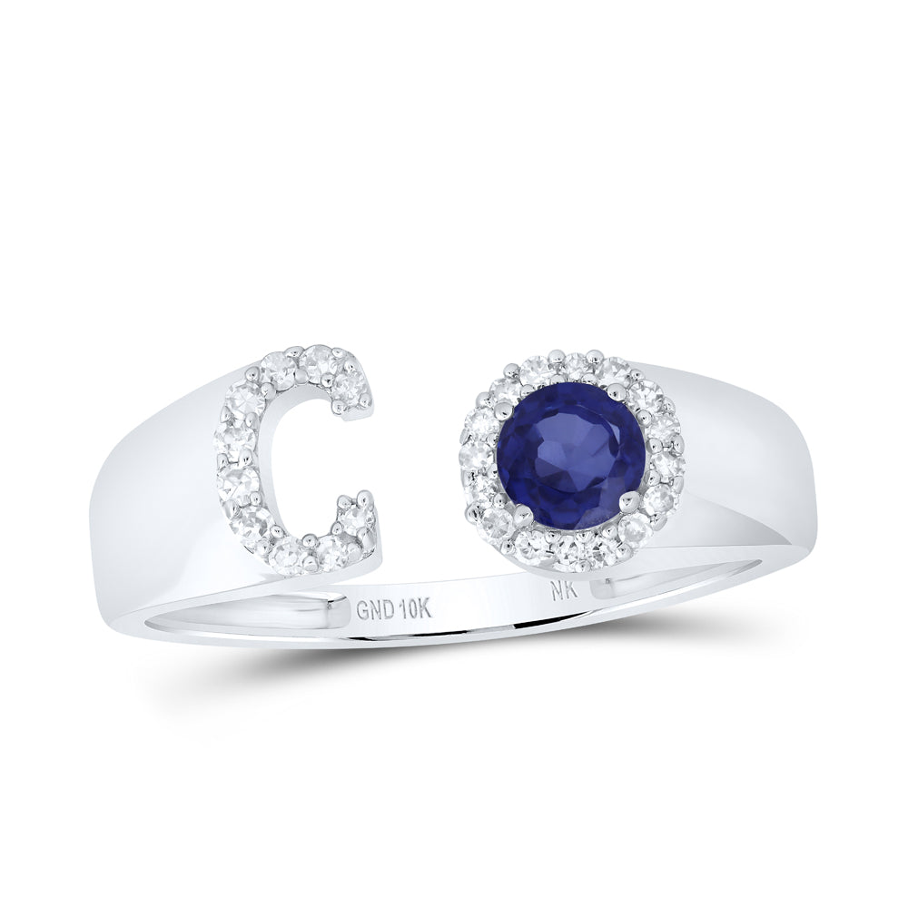 10kt White Gold Natural Diamond 4 Mm Round Blue Sapphire Synthetic Initial Ladies Wedding Engagement Anniversary Ring