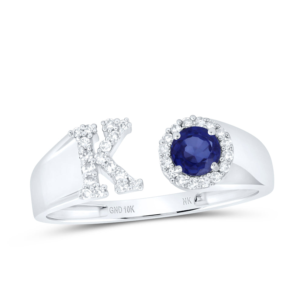 10kt White Gold Natural Diamond 4 Mm Round Blue Sapphire Synthetic Initial Ladies Wedding Engagement Anniversary Ring
