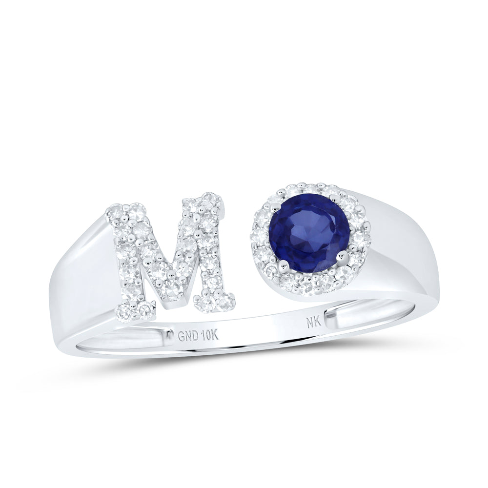 10kt White Gold Natural Diamond 4 Mm Round Blue Sapphire Synthetic Initial Ladies Wedding Engagement Anniversary Ring