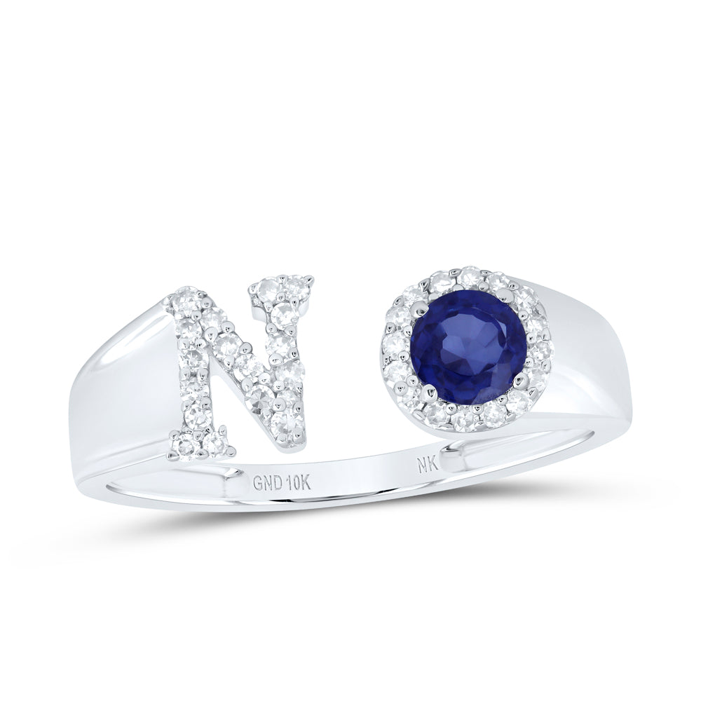 10kt White Gold Natural Diamond 4 Mm Round Blue Sapphire Synthetic Initial Ladies Wedding Engagement Anniversary Ring