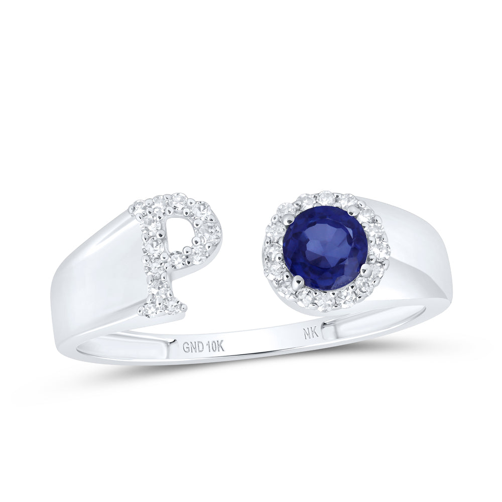 10kt White Gold Natural Diamond 4 Mm Round Blue Sapphire Synthetic Initial Ladies Wedding Engagement Anniversary Ring