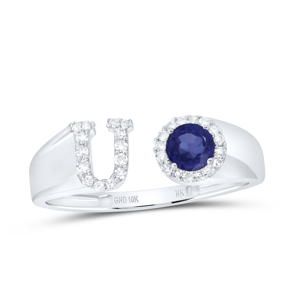10kt White Gold Natural Diamond 4 Mm Round Blue Sapphire Synthetic Initial Ladies Wedding Engagement Anniversary Ring