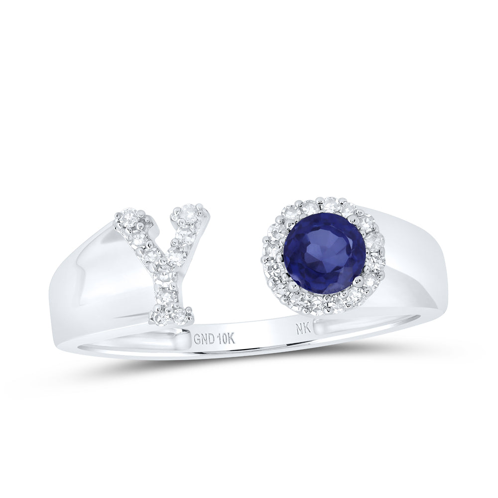 10kt White Gold Natural Diamond 4 Mm Round Blue Sapphire Synthetic Initial Ladies Wedding Engagement Anniversary Ring