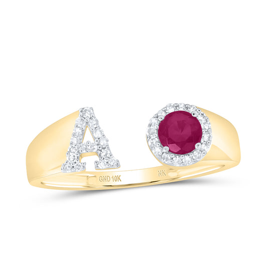 10kt Yellow Or Rose Gold Natural Diamond 4 Mm Round Ruby Synthetic Initial Ladies Wedding Engagement Anniversary Ring
