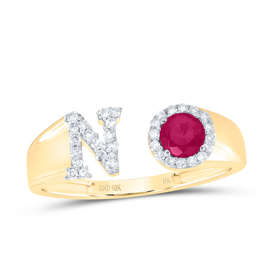 10K Yellow Gold 1/8Ctw Natural Diamond 4Mm Round Ruby Synthetic Initial Ladies Ring