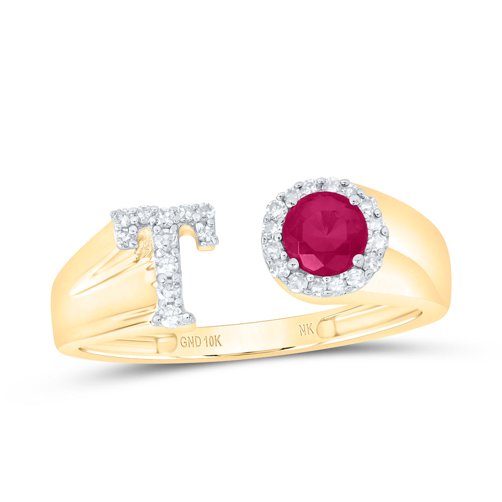 10K Yellow Gold 1/8Ctw Natural Diamond 4Mm Round Ruby Synthetic Initial Ladies Ring