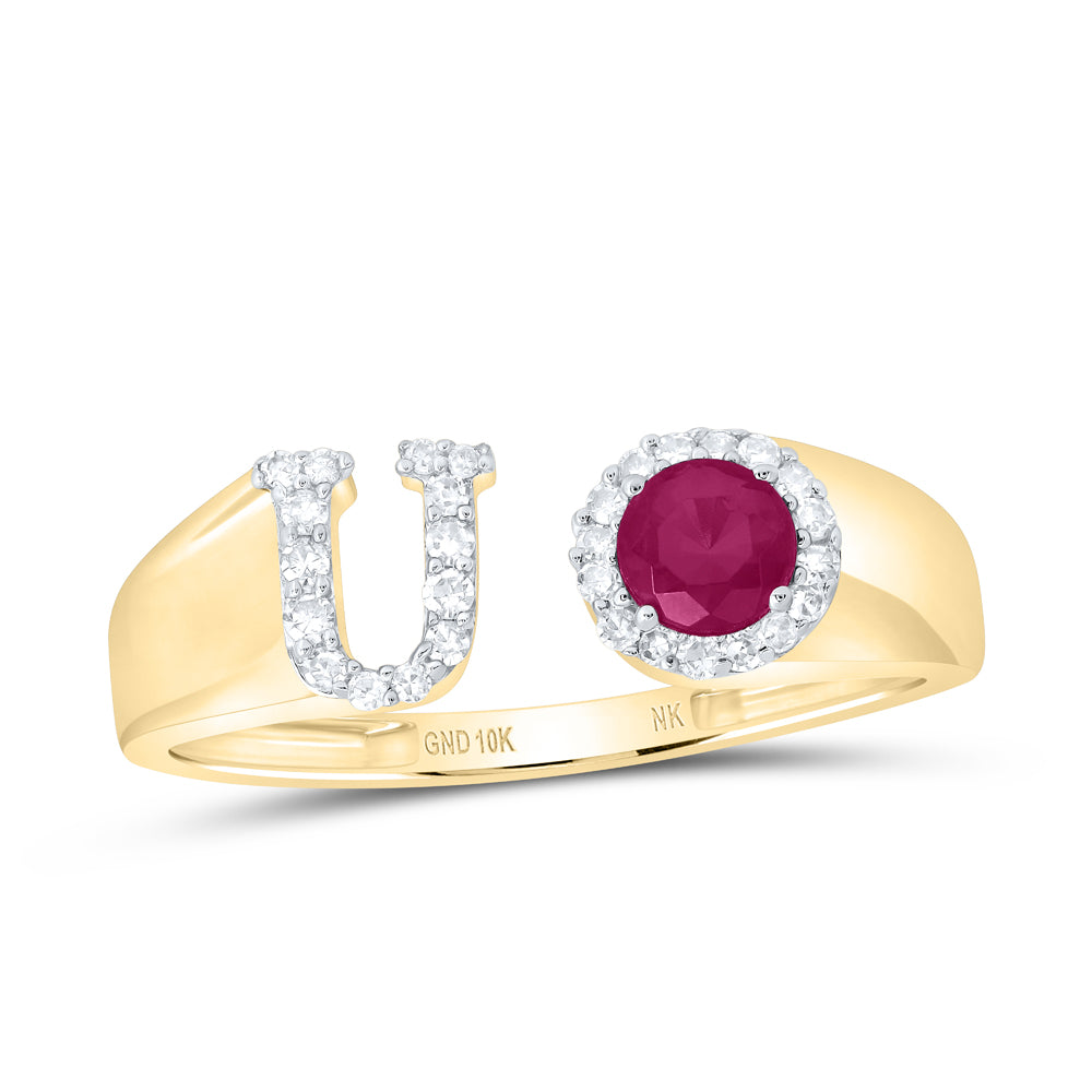 10K Yellow Gold 1/8Ctw Natural Diamond 4Mm Round Ruby Synthetic Initial Ladies Ring
