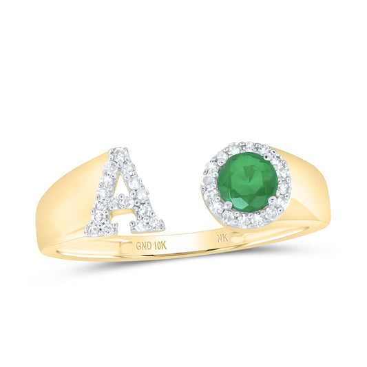 10kt Yellow Gold Natural Diamond 4 Mm Round Emerald Synthetic Initial Ladies Wedding Engagement Anniversary Ring