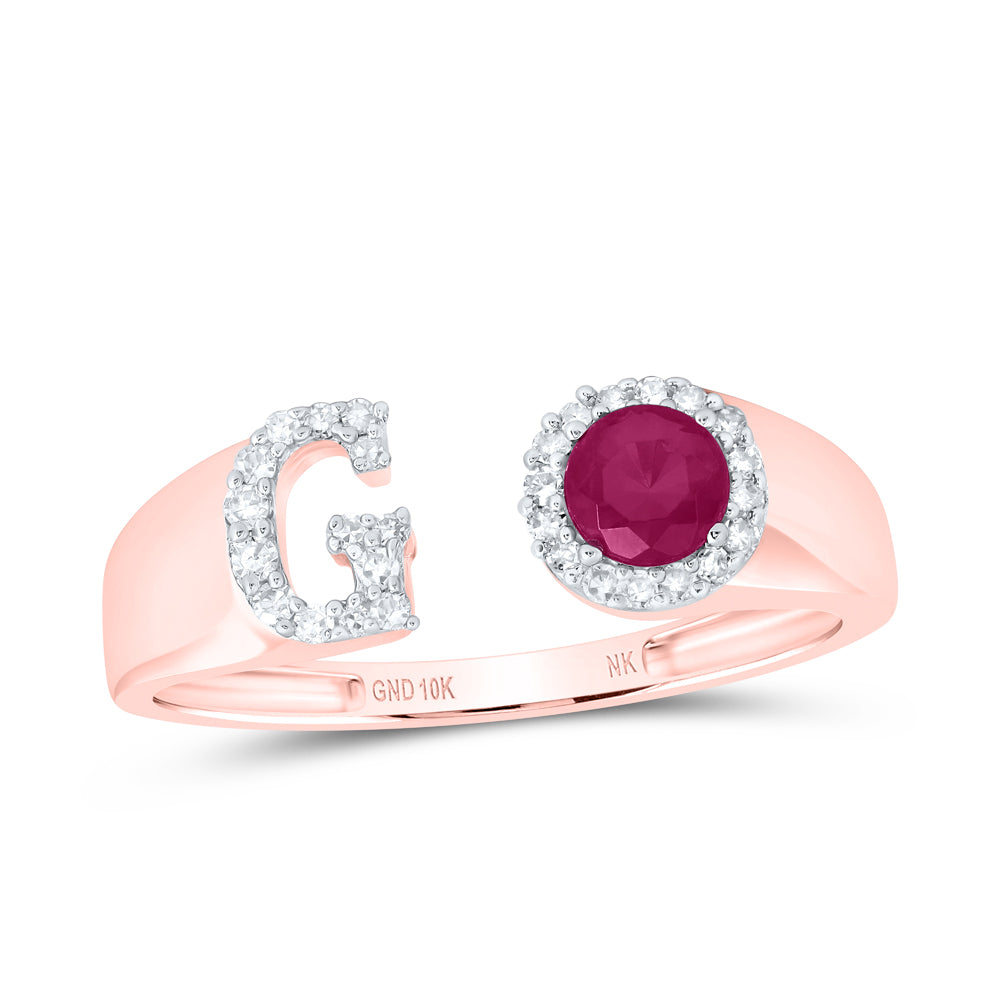 10kt Yellow Or Rose Gold Natural Diamond 4 Mm Round Ruby Synthetic Initial Ladies Wedding Engagement Anniversary Ring