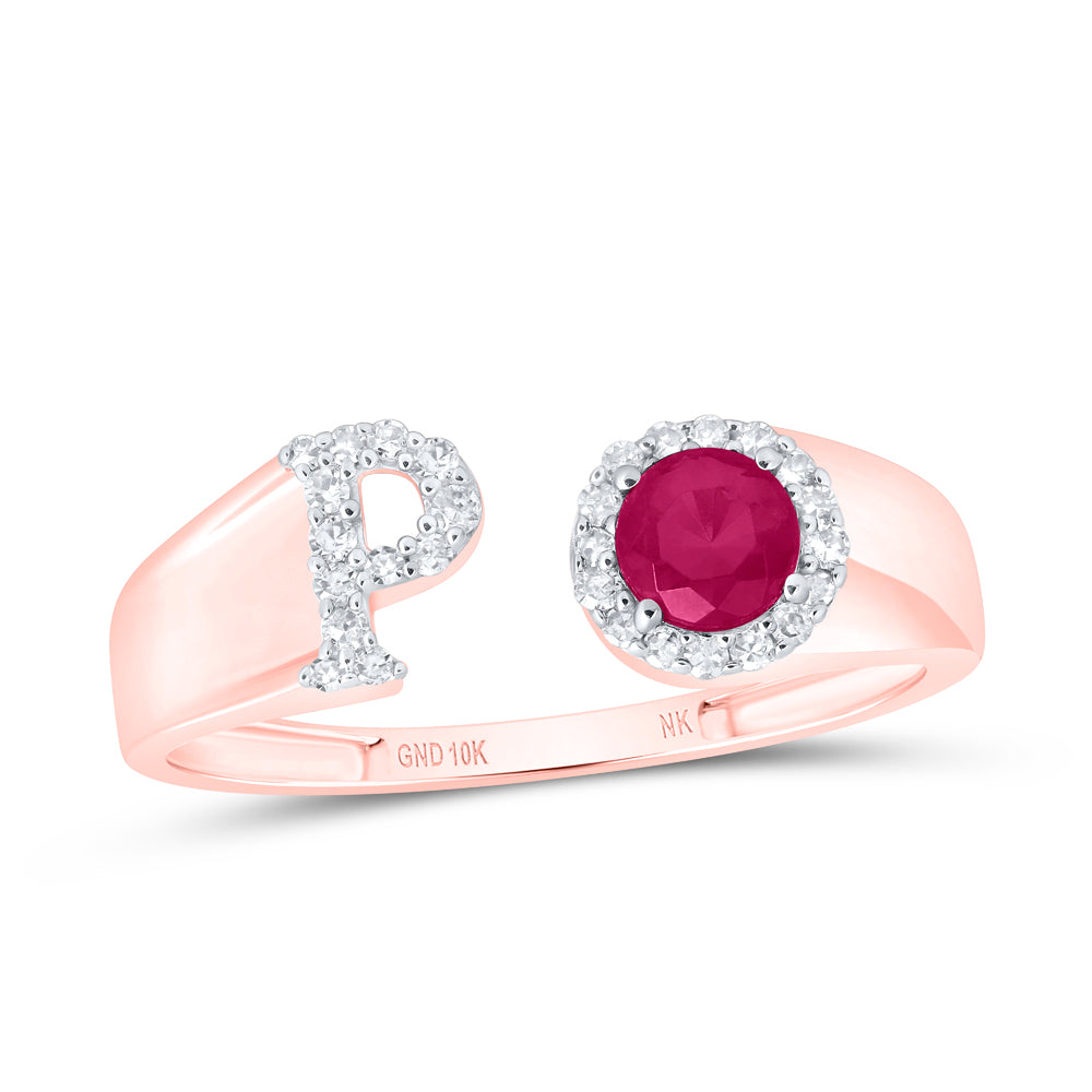 10kt Yellow Or Rose Gold Natural Diamond 4 Mm Round Ruby Synthetic Initial Ladies Wedding Engagement Anniversary Ring