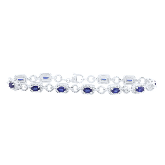 Sterling Silver 3/8 Cttw Natural Diamond 5x3 Mm Oval Blue Sapphire Synthetic Bracelet, Length: 7 Inch