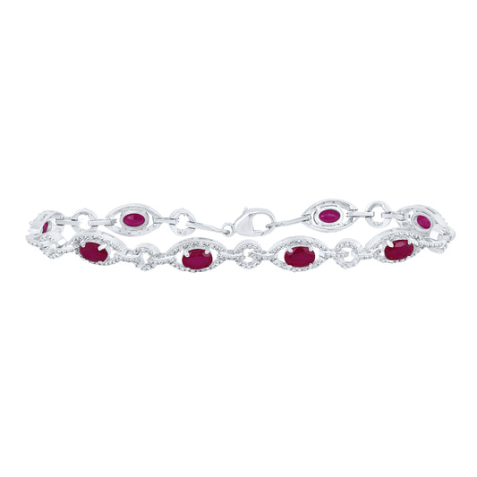 Sterling Silver White-Tone 1/3 Ctw Natural Diamond 6X4 MM Oval Ruby Synthetic Bracelet (7 Inch)