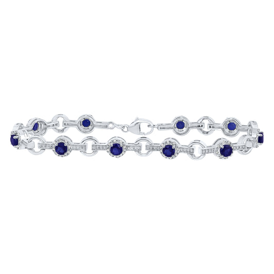 Sterling Silver 1/3 Cttw Natural Diamond 5 Mm Round Blue Sapphire Synthetic Bracelet, Length: 7 Inch