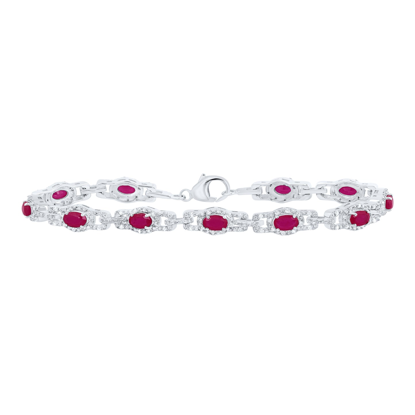 Sterling Silver 1/2 Cttw Natural Diamond 5x3 Mm Oval Ruby Synthetic Bracelet, Length: 7 Inch