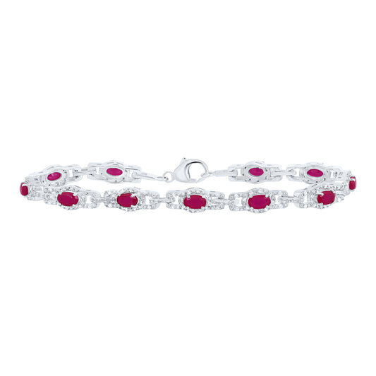 Sterling Silver 1/2 Cttw Natural Diamond 5x3 Mm Oval Ruby Synthetic Bracelet, Length: 7 Inch