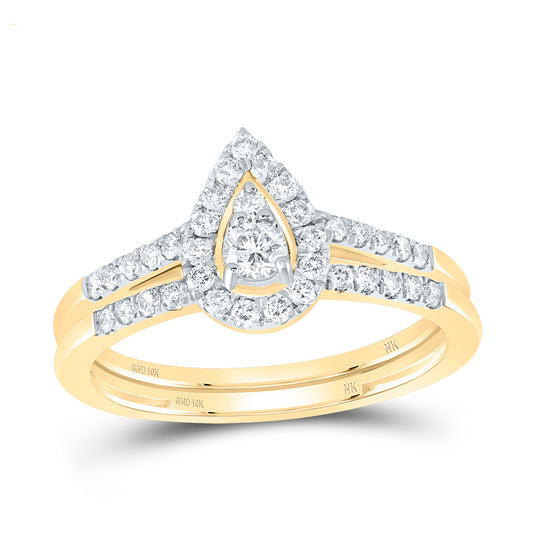 10kt Yellow Gold 1/2 Cttw Natural Diamond Pear Single Halo Wedding Engagement Anniversary Bridal Set, Women Size: 5-9