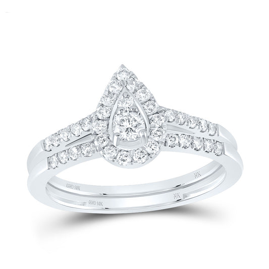 10kt White Gold 1/2 Cttw Natural Diamond Pear Single Halo Wedding Engagement Anniversary Bridal Set, Women Size: 5-9