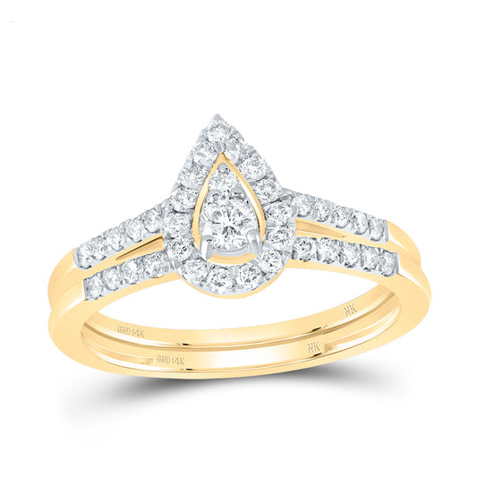 14kt Yellow Gold 1/2 Cttw Natural Diamond Pear Single Halo Wedding Engagement Anniversary Bridal Set, Women Size: 5-9