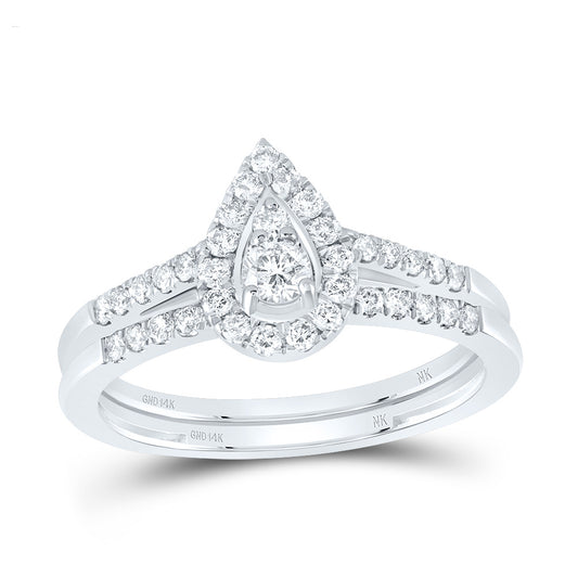14kt White Gold 1/2 Cttw Natural Diamond Pear Single Halo Wedding Engagement Anniversary Bridal Set, Women Size: 5-9