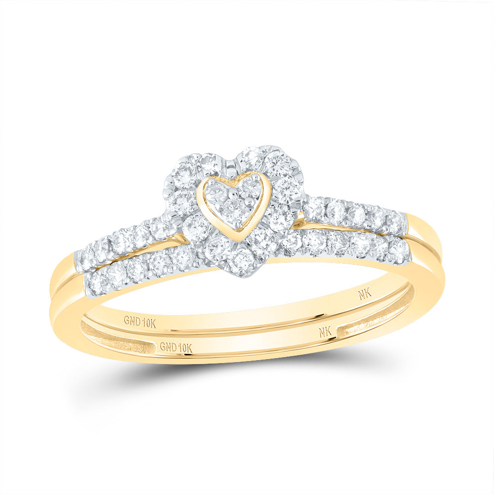 10kt Yellow Gold 1/3 Cttw Natural Diamond Heart Single Halo Wedding Engagement Anniversary Bridal Set, Women Size: 5-9