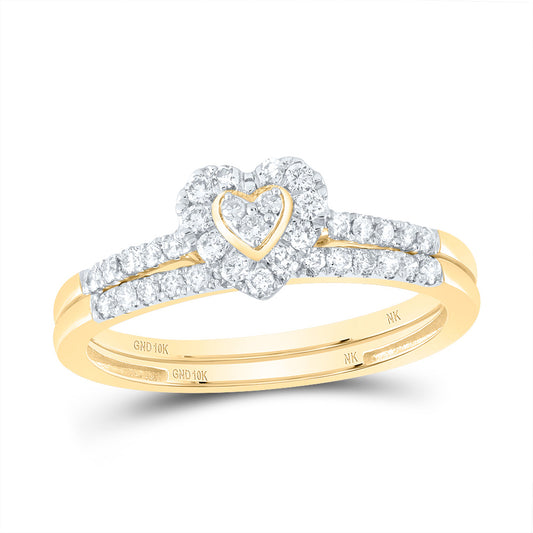 10kt Yellow Gold 1/3 Cttw Natural Diamond Heart Single Halo Wedding Engagement Anniversary Bridal Set, Women Size: 5-9