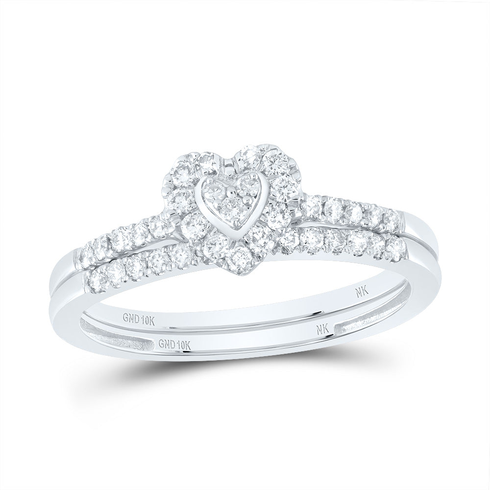 10kt White Gold 1/3 Cttw Natural Diamond Heart Single Halo Wedding Engagement Anniversary Bridal Set, Women Size: 5-9