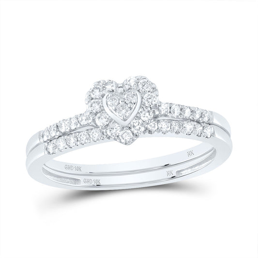 10kt White Gold 1/3 Cttw Natural Diamond Heart Single Halo Wedding Engagement Anniversary Bridal Set, Women Size: 5-9