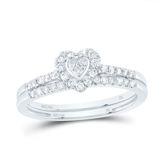 14kt White Gold 1/3 Cttw Natural Diamond Heart Single Halo Wedding Engagement Anniversary Bridal Set, Women Size: 5-9